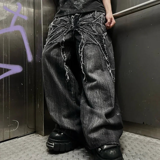 Gothic Retro Oversized Baggy Fit Unisex Mopping Pants Y2K Phantom Jeans High Street Spider Embroidered Patch Hip Hop Streetwear Ghost District