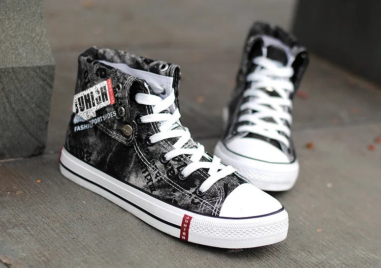Print Denim Shoes for Men High Top Canvas Shoes Lace-up Flat Street Hip Hop Men Shoes Western Male Cowboy Boots Tenis Masculino - Ghost District