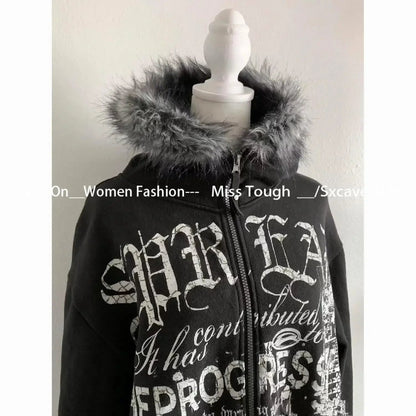 American Vintage Black Faux Fur Sweatshirts Women Letter Printed Subculture Coats with Hooded Female Gothic Harajuku Jackets Y2k Ghost District