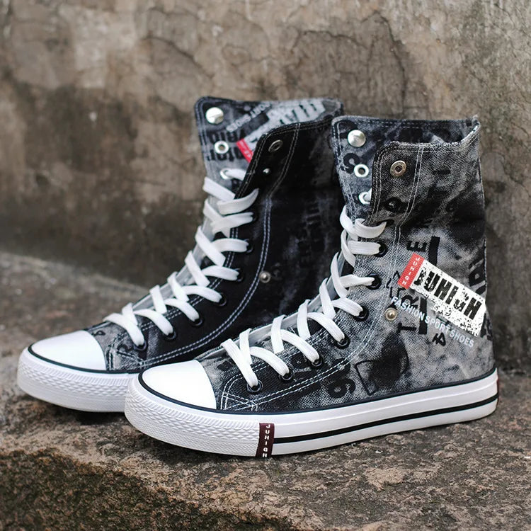 Print Denim Shoes for Men High Top Canvas Shoes Lace-up Flat Street Hip Hop Men Shoes Western Male Cowboy Boots Tenis Masculino - Ghost District