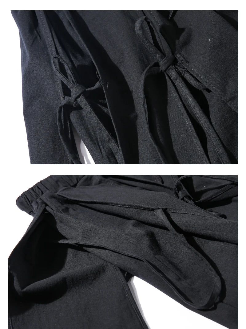 ARENS Techwear Wide Leg Pants Punk Gothic Black Trousers Male Goth Cotton Linens Summer Japanese Style Streetwear Hip Hop - Ghost District