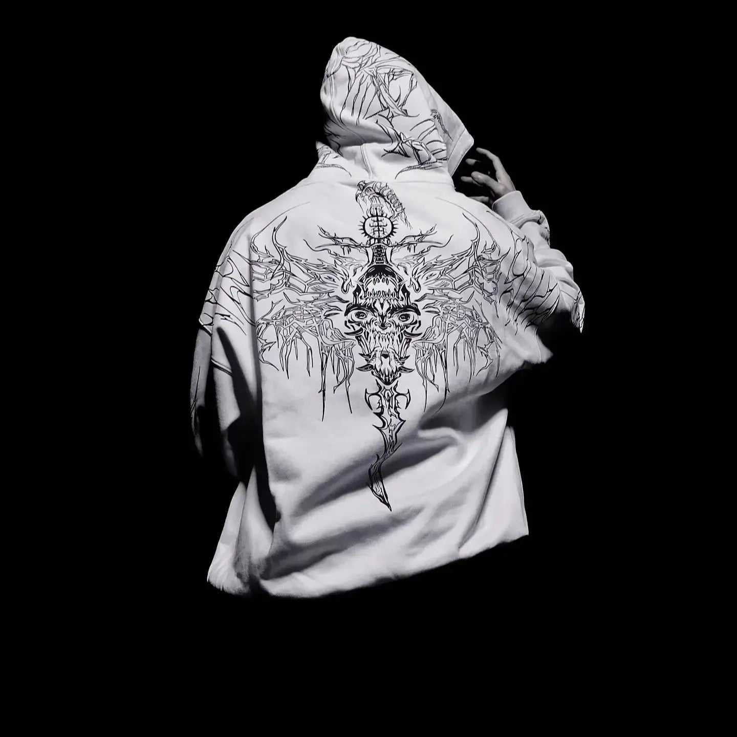 Y2K Harajuku Gothic Style White Oversized Hoodie with Intricate Skull Graphic Print Elaborate Holy Writ Script Design Streetwear - Ghost District