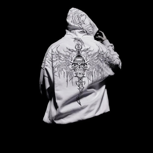 Y2K Harajuku Gothic Style White Oversized Hoodie with Intricate Skull Graphic Print Elaborate Holy Writ Script Design Streetwear - Ghost District