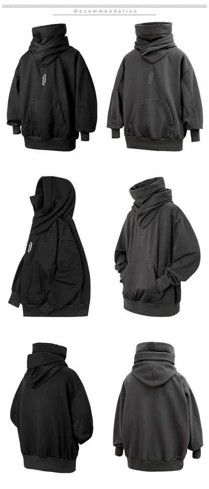 Embroidery Turtleneck Sweatshirt For Men Japanese Ninja Hoodies Autumn Hip Hop Fleece Pocket Streetwear Oversized Y2K Hoody Ghost District