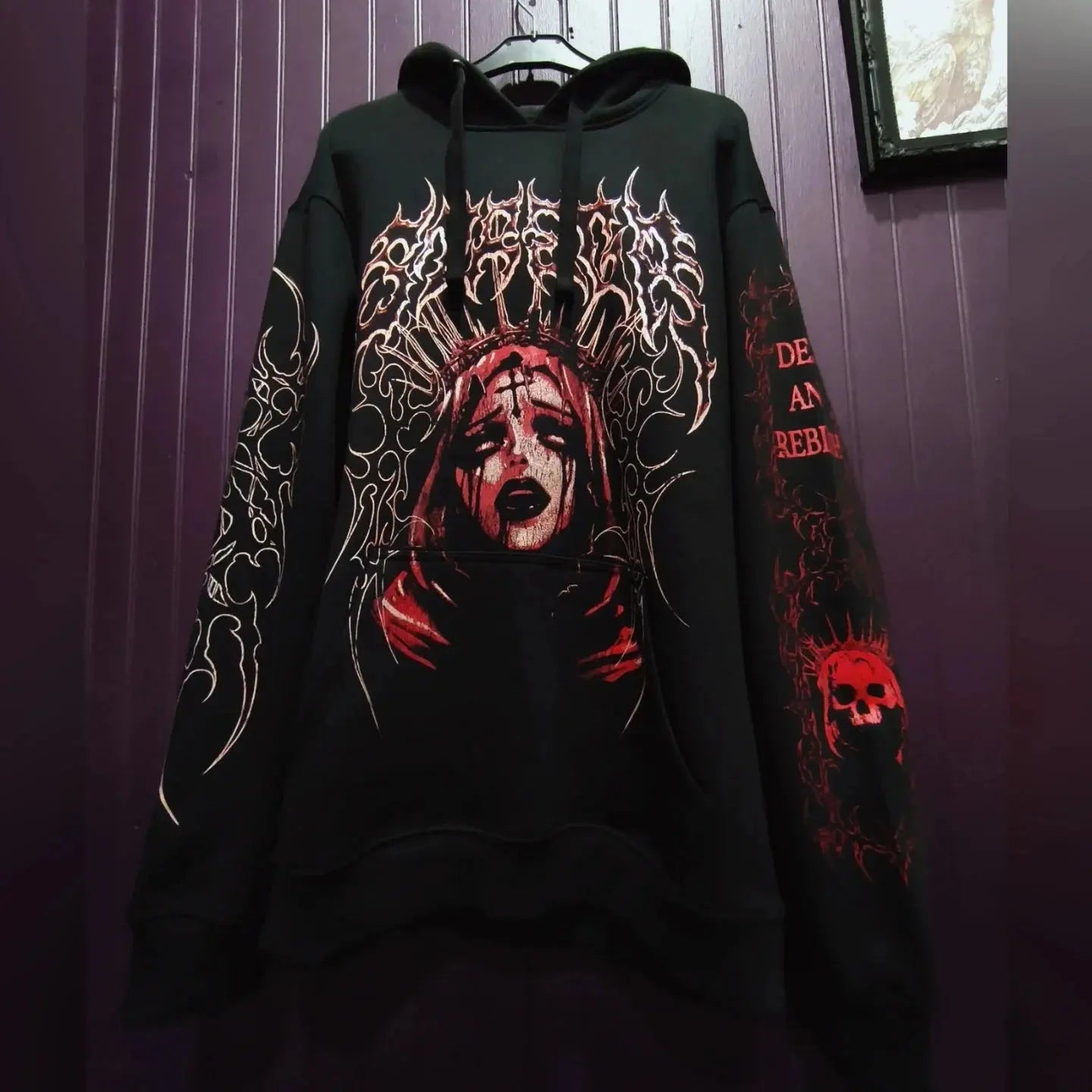 Y2K Harajuku Gothic Style White Oversized Hoodie with Intricate Skull Graphic Print Elaborate Holy Writ Script Design Streetwear - Ghost District