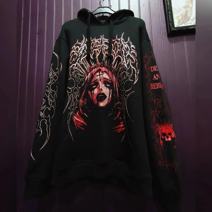 Y2K Harajuku Gothic Style White Oversized Hoodie with Intricate Skull Graphic Print Elaborate Holy Writ Script Design Streetwear - Ghost District