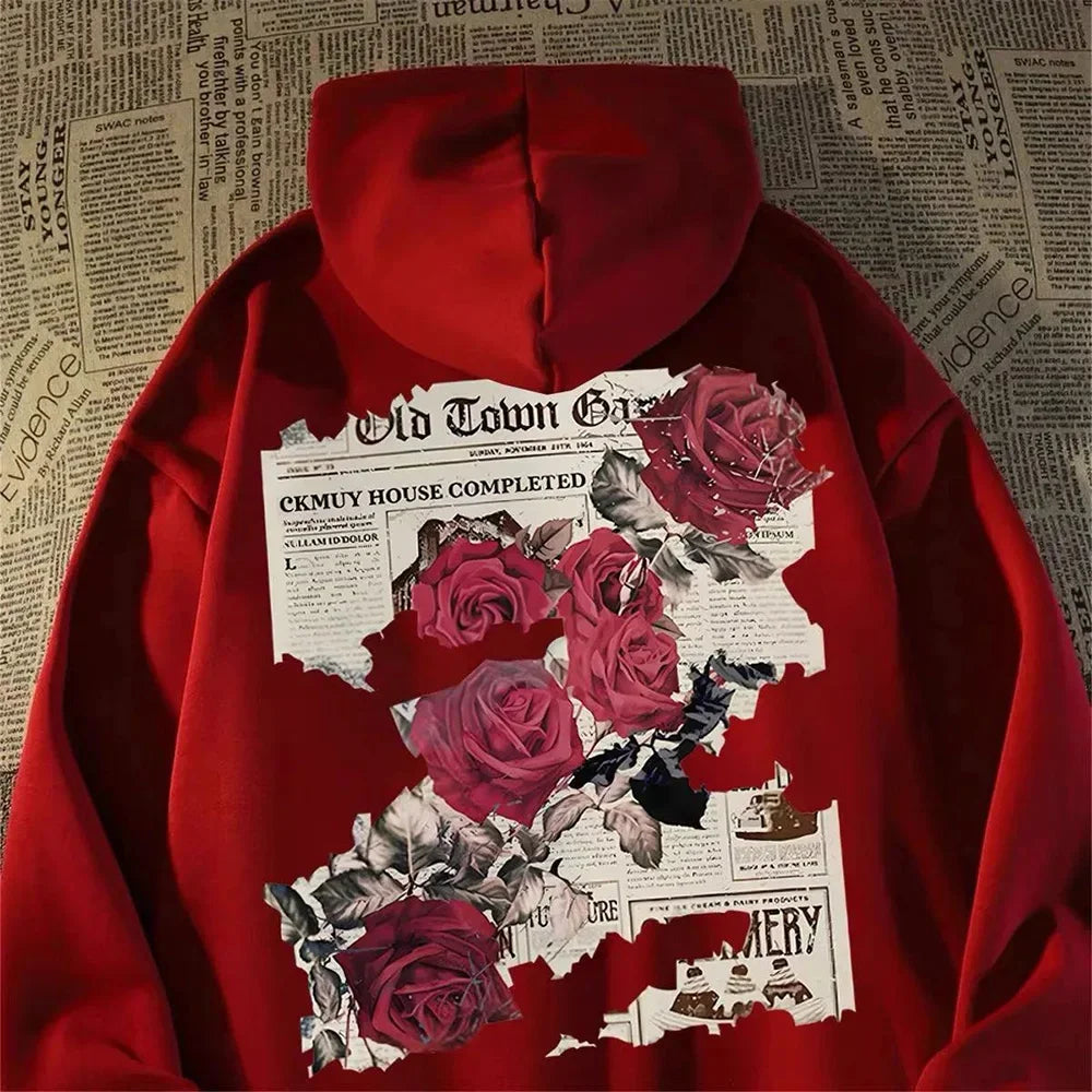 Hoodie Men Graphic Vivid Rose Print Cotton Hoodies American Retro Personality Streetwear Casual Hooded Sweatshirt Men's Clothing - Ghost District