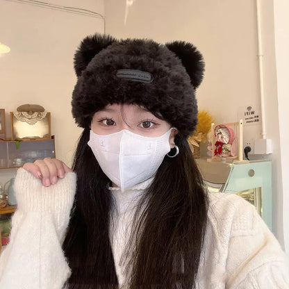 Cute Bear Knit Hat for Women Winter Thickened Fluffy Warm Fleece Beanie Oversized Head Wrap Chunky Crochet Cap Autumn Winter - Ghost District