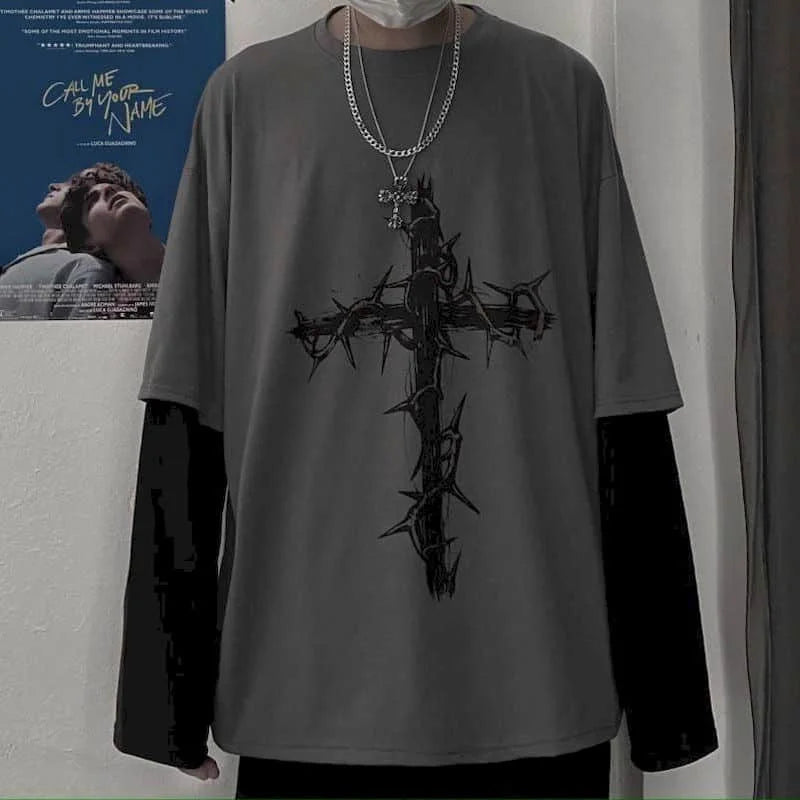 Men T Shirts autumn men Clothes anime casual Long Sleeved Oversized Y2K T-Shirt Harajuku Streetwear Academia Hip Hop tee tops Ghost District