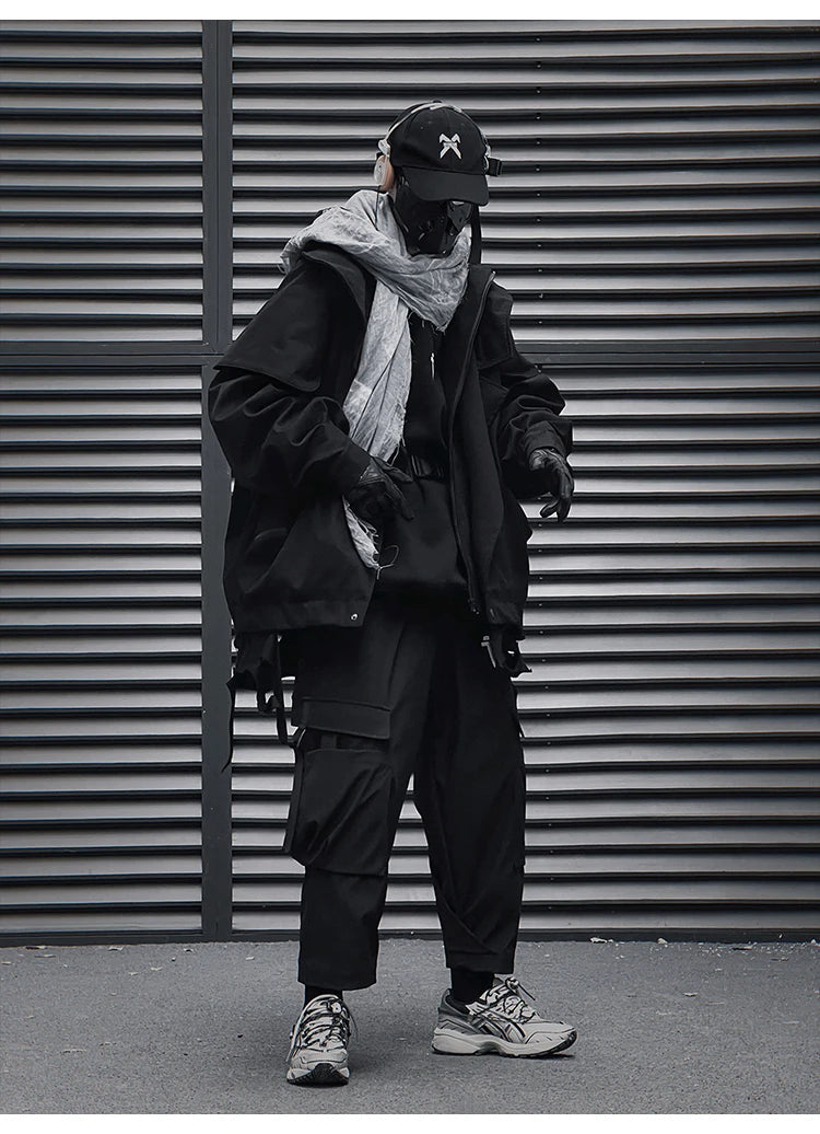 Unisex High Street Functional Cargo Jacket Techwear Fake two-piece Tactical Windbreaker Coats Streetwear Men's clothing Oversize - Ghost District