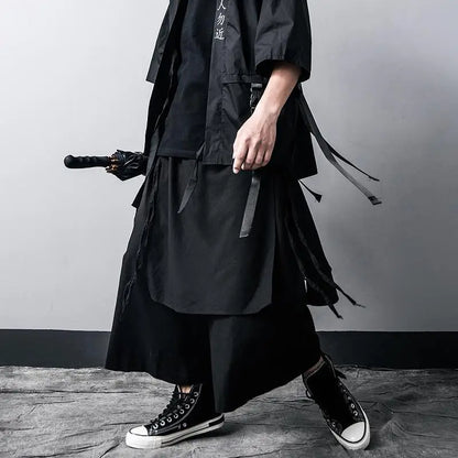ARENS Techwear Wide Leg Pants Punk Gothic Black Trousers Male Goth Cotton Linens Summer Japanese Style Streetwear Hip Hop - Ghost District