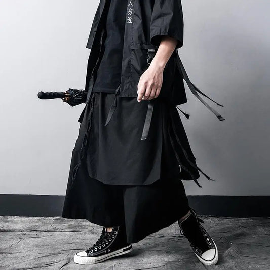 ARENS Techwear Wide Leg Pants Punk Gothic Black Trousers Male Goth Cotton Linens Summer Japanese Style Streetwear Hip Hop - Ghost District