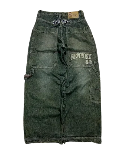 American Trend Retro Gothic Embroidery Graphics Washed Baggy Jeans Women's Y2K New Harajuku Hip-Hop Punk Rock Couple Street Wear Ghost District