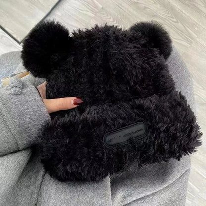 Cute Bear Knit Hat for Women Winter Thickened Fluffy Warm Fleece Beanie Oversized Head Wrap Chunky Crochet Cap Autumn Winter - Ghost District