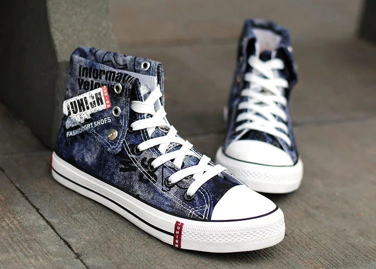 Print Denim Shoes for Men High Top Canvas Shoes Lace-up Flat Street Hip Hop Men Shoes Western Male Cowboy Boots Tenis Masculino - Ghost District