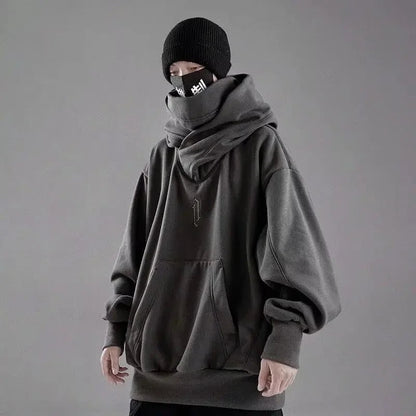 Embroidery Turtleneck Sweatshirt For Men Japanese Ninja Hoodies Autumn Hip Hop Fleece Pocket Streetwear Oversized Y2K Hoody Ghost District