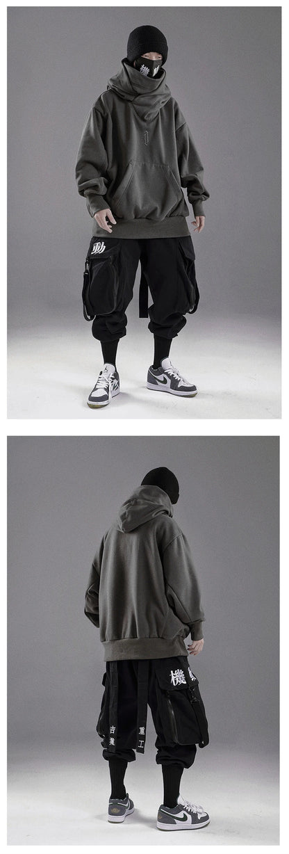 Embroidery Turtleneck Sweatshirt For Men Japanese Ninja Hoodies Autumn Hip Hop Fleece Pocket Streetwear Oversized Y2K Hoody Ghost District