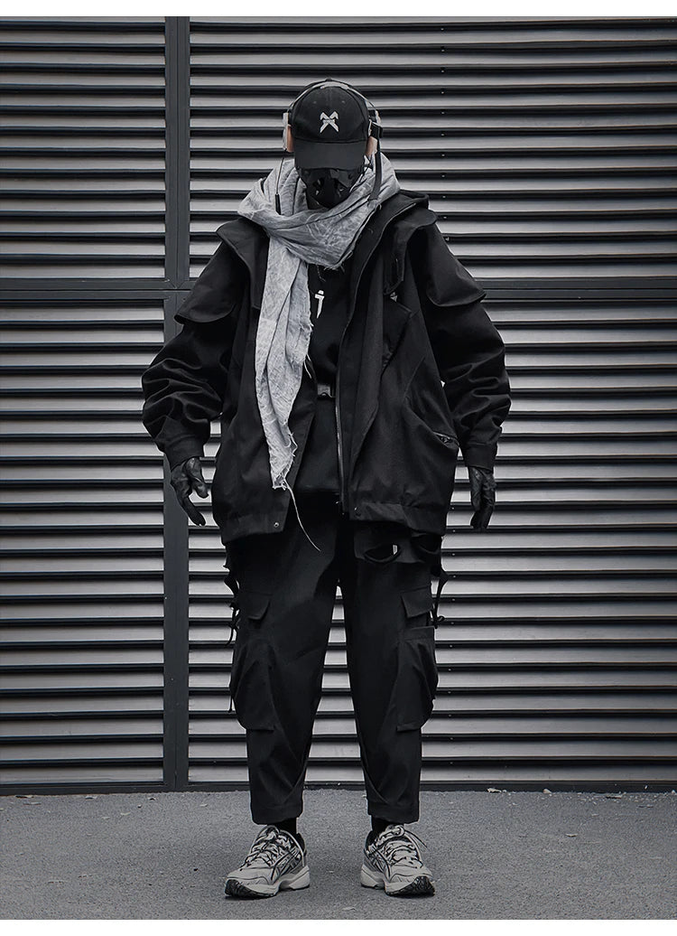 Unisex High Street Functional Cargo Jacket Techwear Fake two-piece Tactical Windbreaker Coats Streetwear Men's clothing Oversize - Ghost District