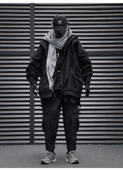 Unisex High Street Functional Cargo Jacket Techwear Fake two-piece Tactical Windbreaker Coats Streetwear Men's clothing Oversize - Ghost District