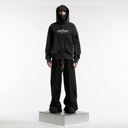 Y2K Ninja Hoodie Gothic Trendy Double Hat Design Functional Streetwear Vintage High Street Men Women Oversized Casual Pullover Ghost District