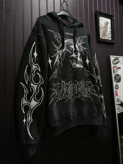 Y2K Harajuku Gothic Style White Oversized Hoodie with Intricate Skull Graphic Print Elaborate Holy Writ Script Design Streetwear - Ghost District