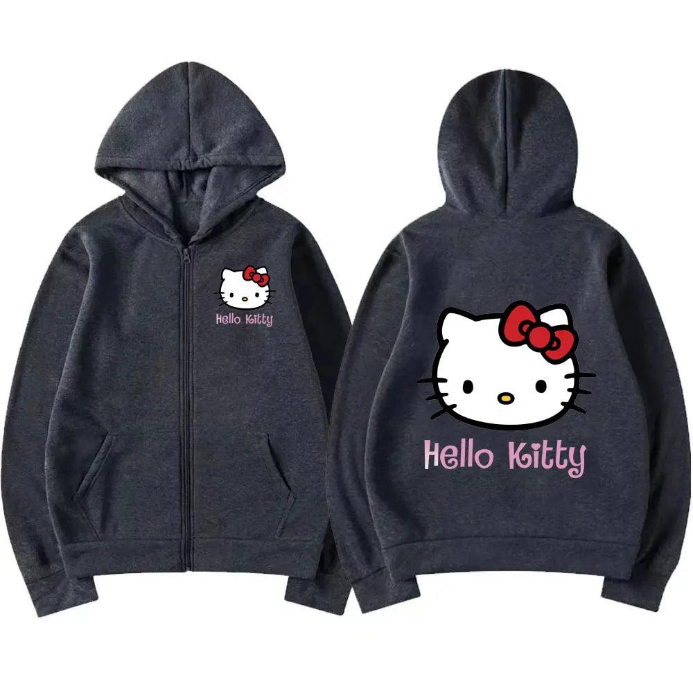 Women's Zipper Hoodie Autumn and Winter New Cute Kawaii Sanrio Hello Kitty Pattern Sweatshirt 2024 Streetwear Women's Clothing Ghost District