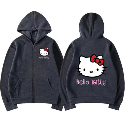 Women's Zipper Hoodie Autumn and Winter New Cute Kawaii Sanrio Hello Kitty Pattern Sweatshirt 2024 Streetwear Women's Clothing Ghost District
