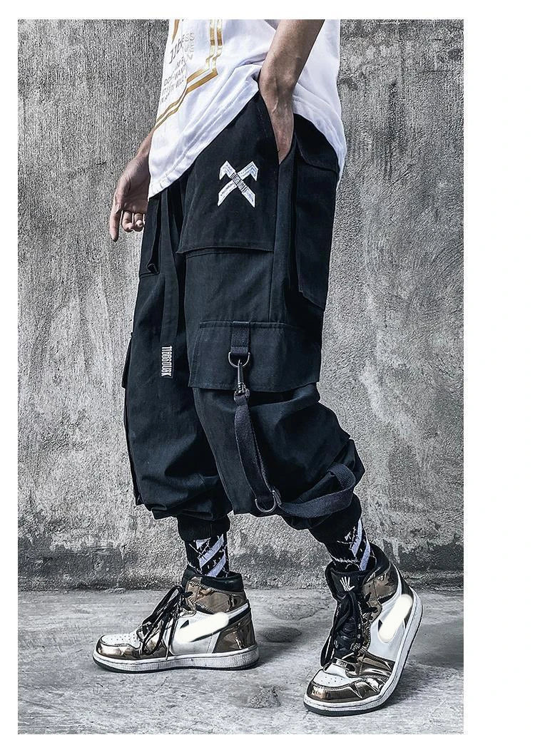 Techwear Ribbons Tactical Cargo Baggy Pants Jogger Men Casual Letter Hip Hop Teenager Sweatpants Joggers Cropped Pants For Men - Ghost District