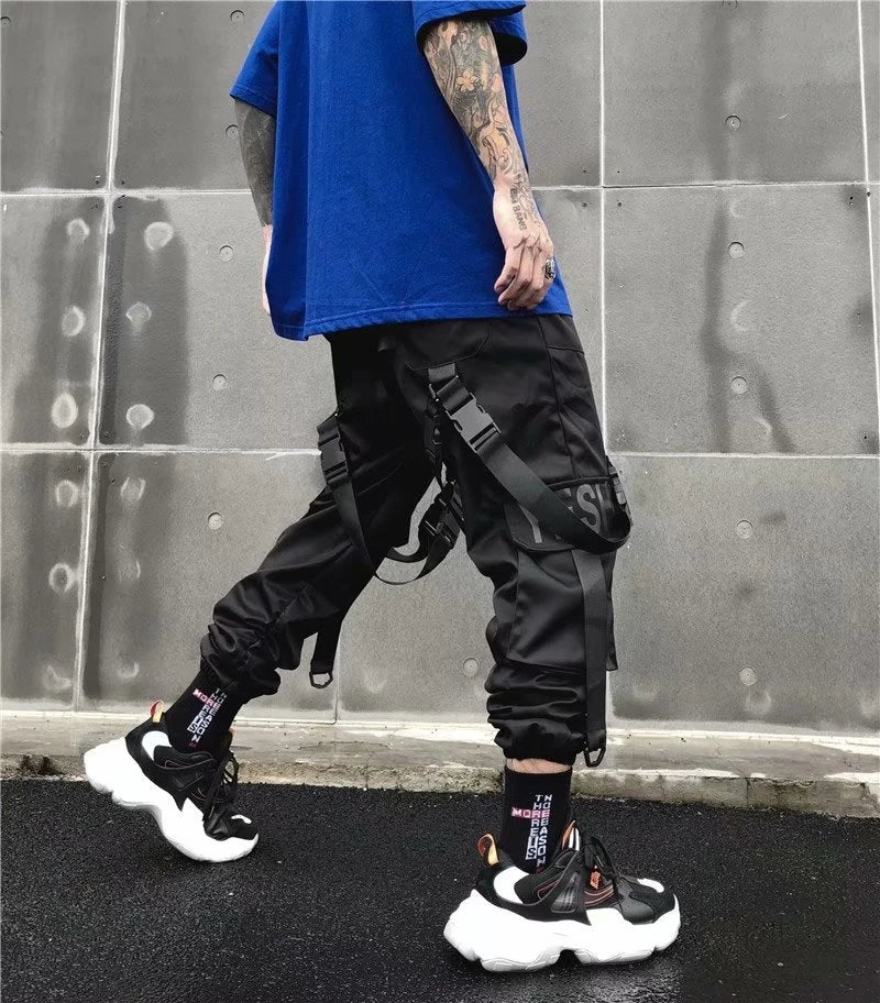 Joggers Cargo Pants for Men Casual Hip Hop Hit Color Pocket Male Trousers Sweatpants Streetwear Ribbons Techwear Pants - Ghost District