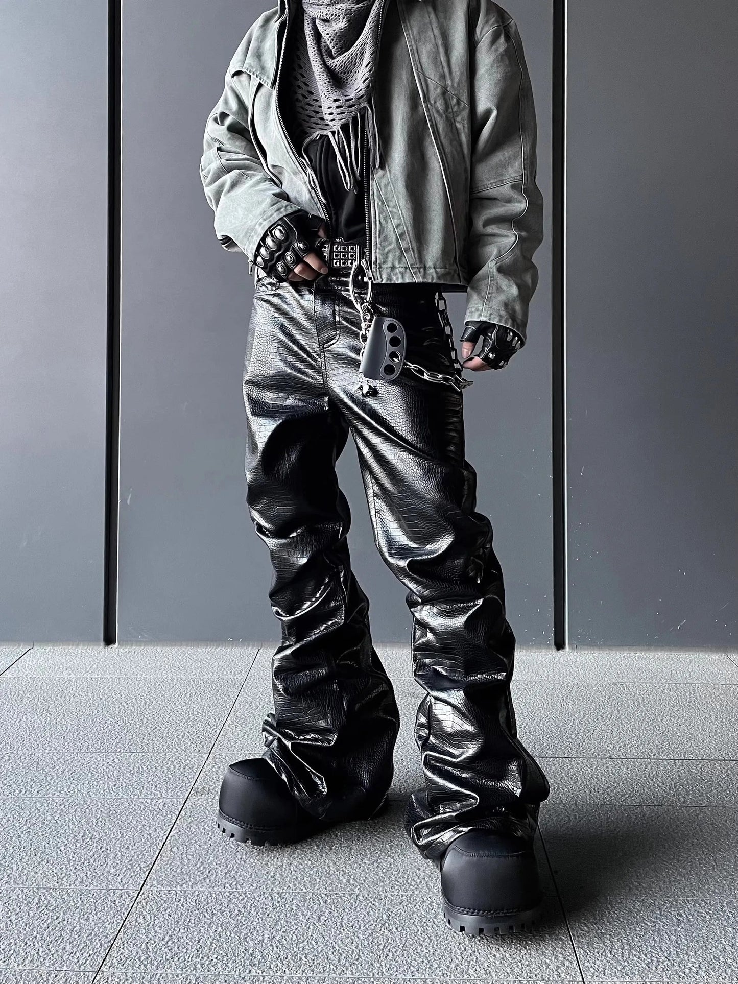 Mauroicardi Spring Autumn Cool Handsome Long Black Crocodile Print Pu Leather Pants for Men Luxury Designer Floor Length Clothes - Ghost District