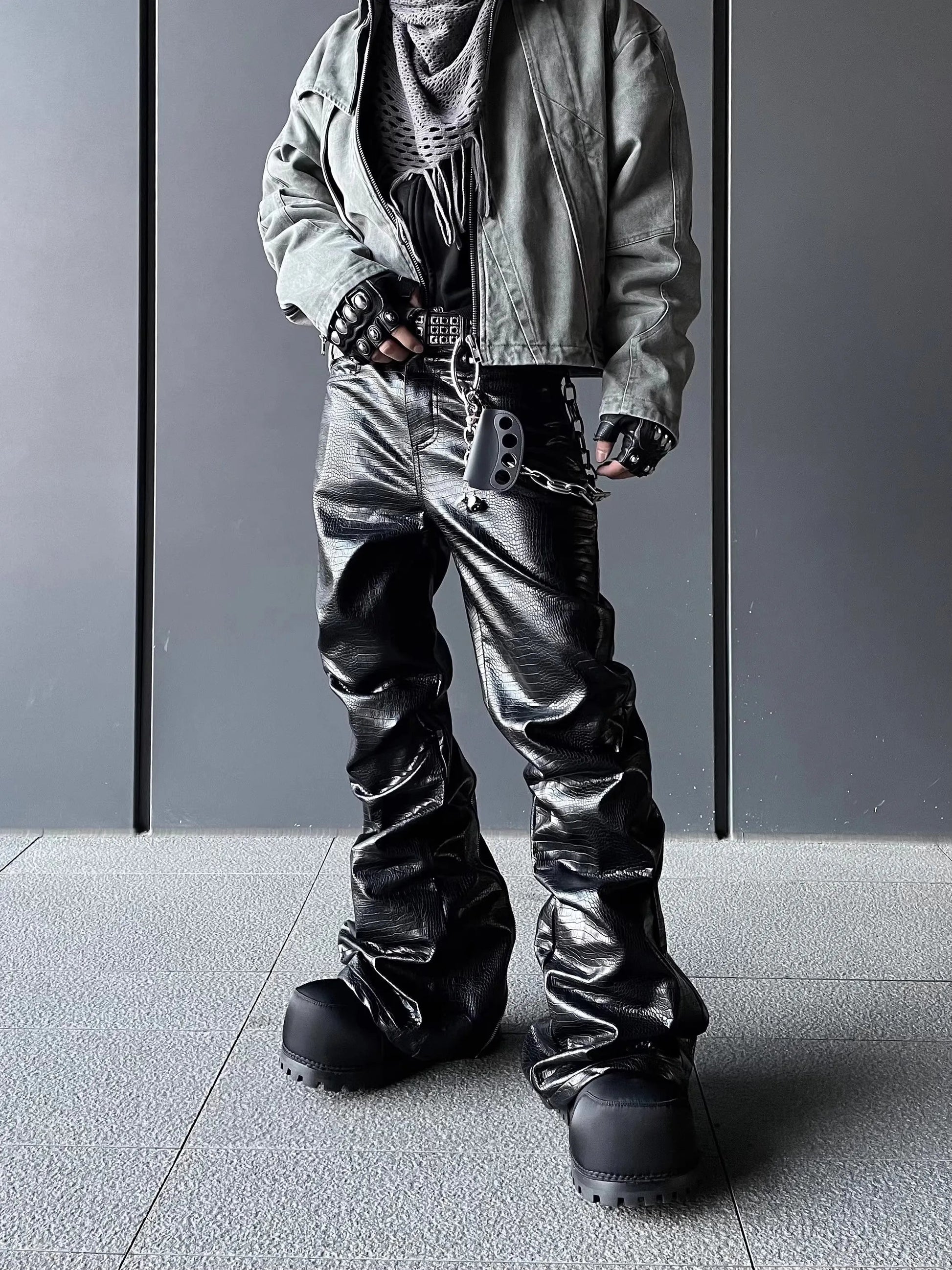 Mauroicardi Spring Autumn Cool Handsome Long Black Crocodile Print Pu Leather Pants for Men Luxury Designer Floor Length Clothes - Ghost District