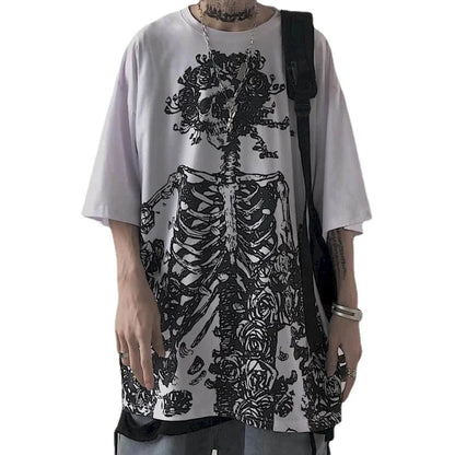 Men T-shirts 2023 Summer Streetwear High Street Gothic Skull Tshirt Loose Oversized Short-sleeved T shirt Dark Anime Men Y2k Top Ghost District