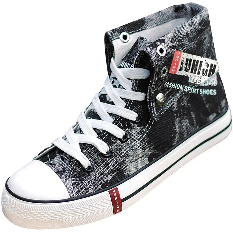 Print Denim Shoes for Men High Top Canvas Shoes Lace-up Flat Street Hip Hop Men Shoes Western Male Cowboy Boots Tenis Masculino - Ghost District