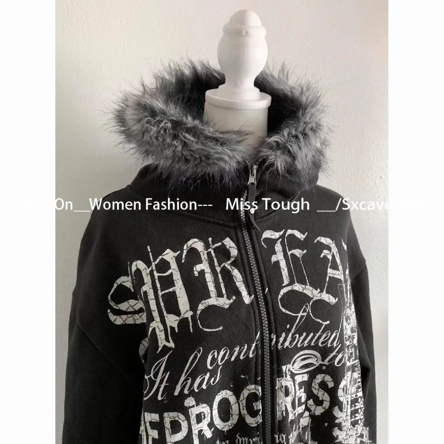 American Vintage Black Faux Fur Sweatshirts Women Letter Printed Subculture Coats with Hooded Female Gothic Harajuku Jackets Y2k Ghost District