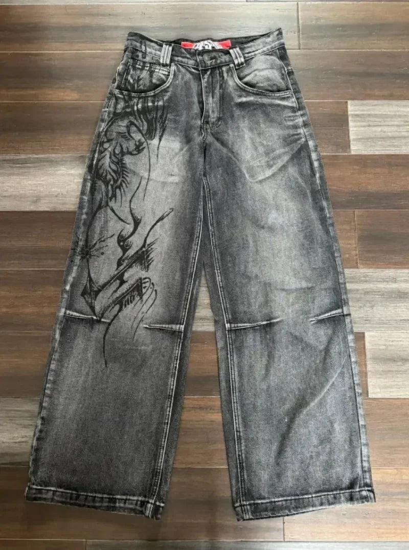 American Trend Retro Gothic Embroidery Graphics Washed Baggy Jeans Women's Y2K New Harajuku Hip-Hop Punk Rock Couple Street Wear Ghost District