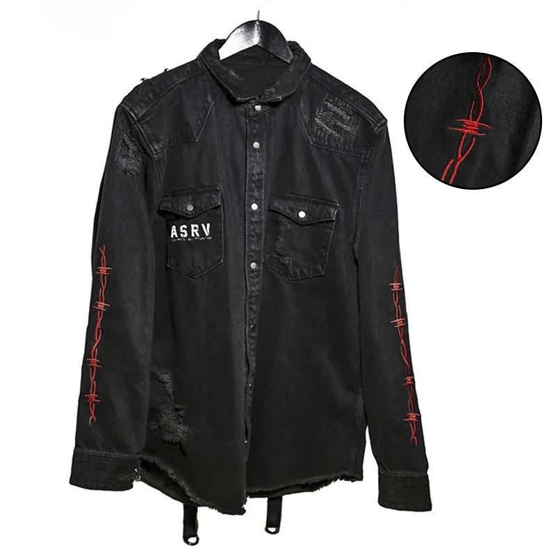Mens Gym Trend Denim Jacket Techwear Jeans Jackets Causal Fitness Man Loose Clothing Outerwear Coat Cotton Sports Sweatshirt Ghost District