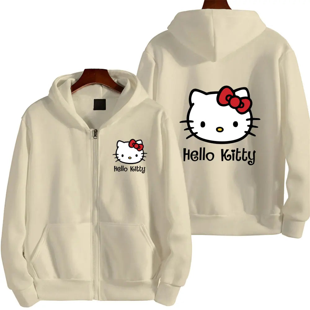 Women's Zipper Hoodie Autumn and Winter New Cute Kawaii Sanrio Hello Kitty Pattern Sweatshirt 2024 Streetwear Women's Clothing Ghost District