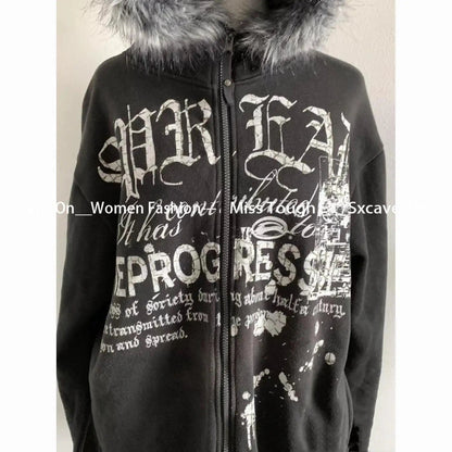 American Vintage Black Faux Fur Sweatshirts Women Letter Printed Subculture Coats with Hooded Female Gothic Harajuku Jackets Y2k Ghost District