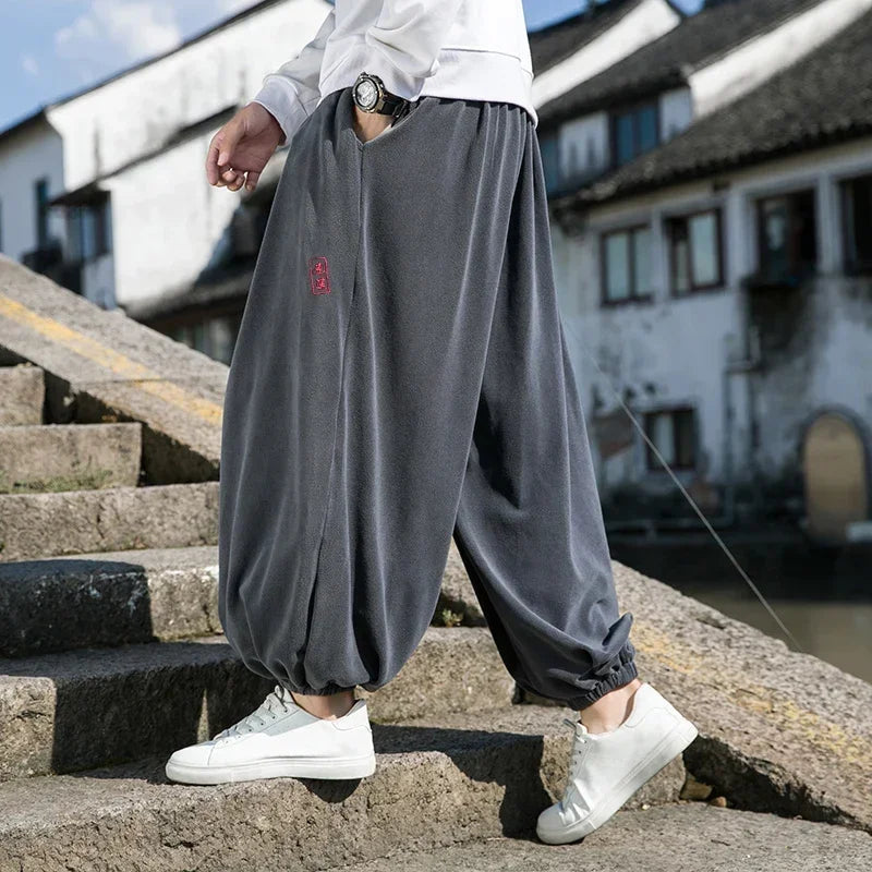 2023 Autumn Winter Pants Thickening Velvet Retro Harem Pants Men Solid Trendy Casual Wild Large Size Harajuku Jogging Trousers Ghost District