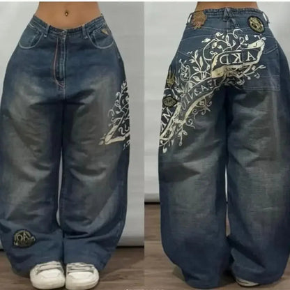 American Trend Retro Gothic Embroidery Graphics Washed Baggy Jeans Women's Y2K New Harajuku Hip-Hop Punk Rock Couple Street Wear Ghost District