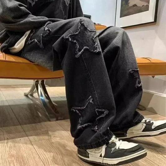 2025 New Fashion Stars Towel Embroidery Brown Men Jeans Pants Y2K Clothes Straight Hip Hop Cotton Trousers Pantalon Homme - Ghost District
