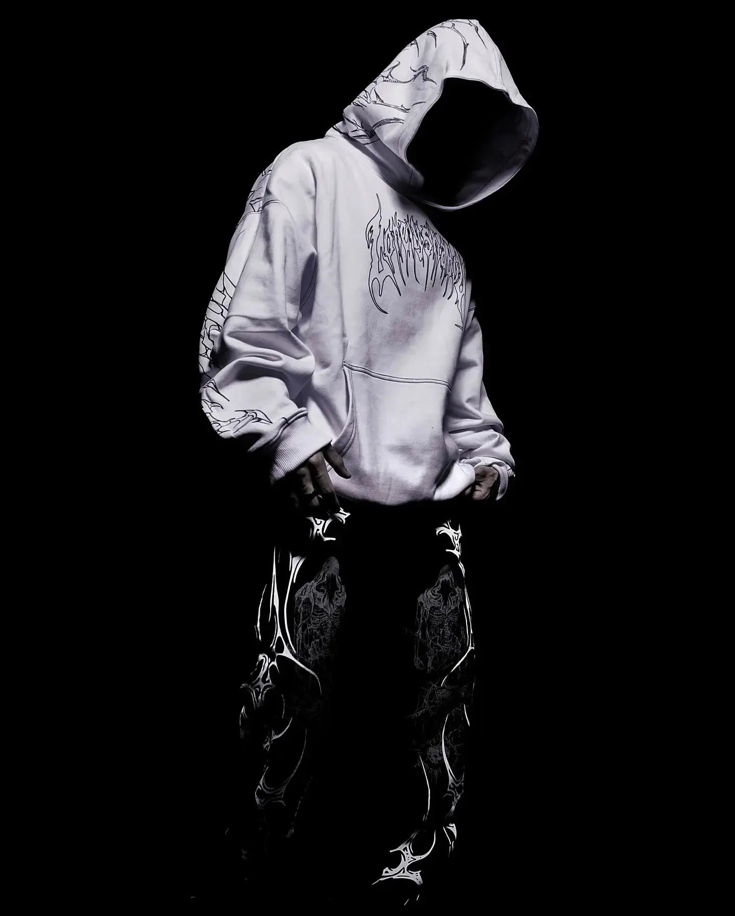 Y2K Harajuku Gothic Style White Oversized Hoodie with Intricate Skull Graphic Print Elaborate Holy Writ Script Design Streetwear - Ghost District