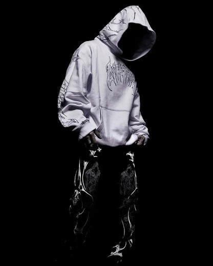 Y2K Harajuku Gothic Style White Oversized Hoodie with Intricate Skull Graphic Print Elaborate Holy Writ Script Design Streetwear - Ghost District
