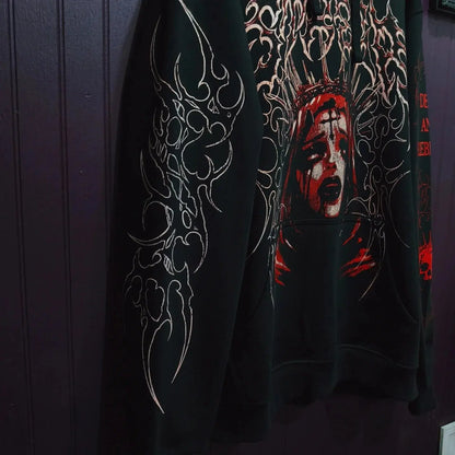 Y2K Harajuku Gothic Style White Oversized Hoodie with Intricate Skull Graphic Print Elaborate Holy Writ Script Design Streetwear - Ghost District