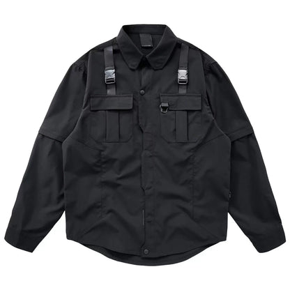 Men's Techwear Button Up Shirt Oversized Streetwear Harajuku Hip Hop Shirts Detachable Sleeve Black Tooling Button Up Blouse - Ghost District