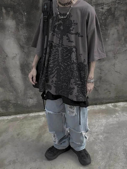 Men T-shirts 2023 Summer Streetwear High Street Gothic Skull Tshirt Loose Oversized Short-sleeved T shirt Dark Anime Men Y2k Top Ghost District