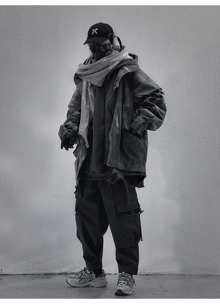 Unisex High Street Functional Cargo Jacket Techwear Fake two-piece Tactical Windbreaker Coats Streetwear Men's clothing Oversize - Ghost District
