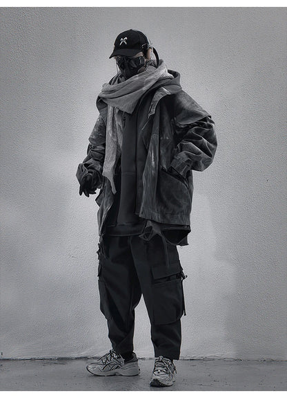 Unisex High Street Functional Cargo Jacket Techwear Fake two-piece Tactical Windbreaker Coats Streetwear Men's clothing Oversize - Ghost District