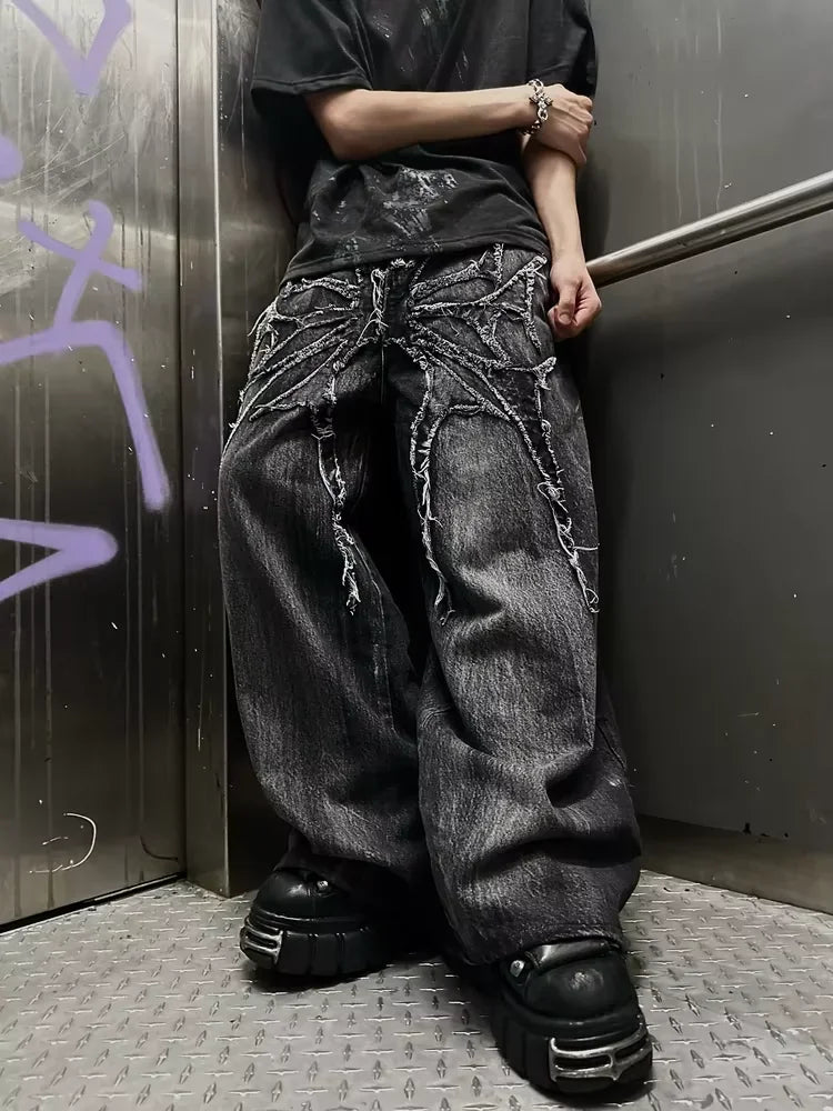 American Trend Retro Gothic Embroidery Graphics Washed Baggy Jeans Women's Y2K New Harajuku Hip-Hop Punk Rock Couple Street Wear Ghost District