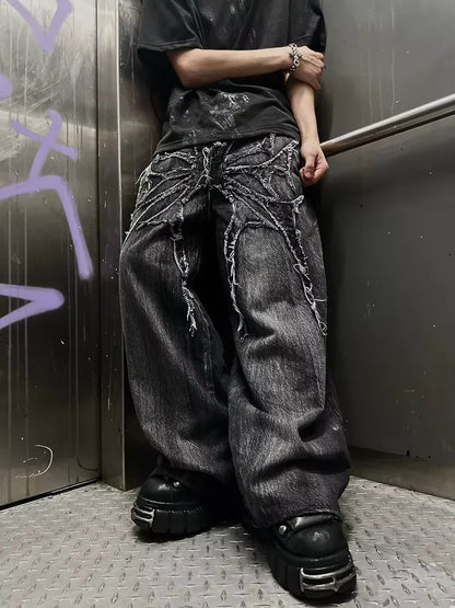American Trend Retro Gothic Embroidery Graphics Washed Baggy Jeans Women's Y2K New Harajuku Hip-Hop Punk Rock Couple Street Wear Ghost District
